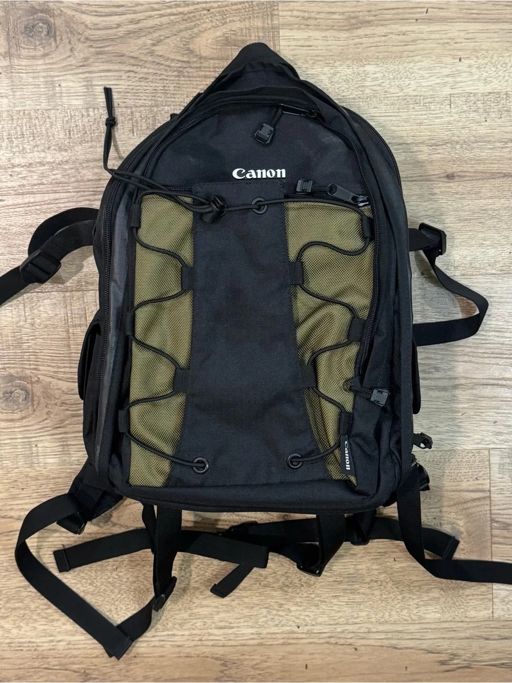 Canon Black and Olive Green Camera Backpack with Bungee Front